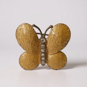 Carolee Signed Butterfly Brooch Vintage Gold Tone Yellow Enamel & Rhinestones